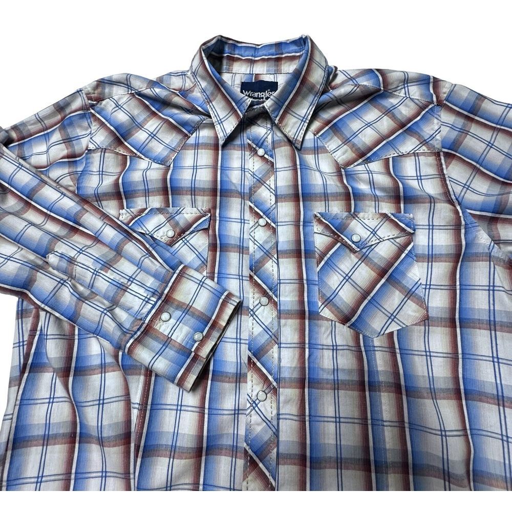 Wrangler Shirt Mens Sz‎ L Coyboy Cut Pearl Snaps Plaid Thick Thread Flap Pockets